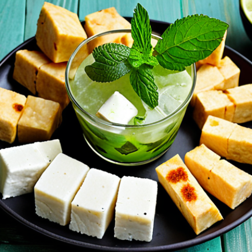 **Image Prompt for Paneer and Mojito Combination**: "A beautifully arranged platter featuring creamy paneer cubes garnished with spices, alongside a refreshing mojito cocktail with mint leaves and lime. The presentation should be vibrant and appetizing, capturing the essence of a delicious pairing."
