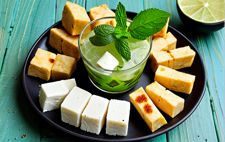 **Image Prompt for Paneer and Mojito Combination**: "A beautifully arranged platter featuring creamy paneer cubes garnished with spices, alongside a refreshing mojito cocktail with mint leaves and lime. The presentation should be vibrant and appetizing, capturing the essence of a delicious pairing."
